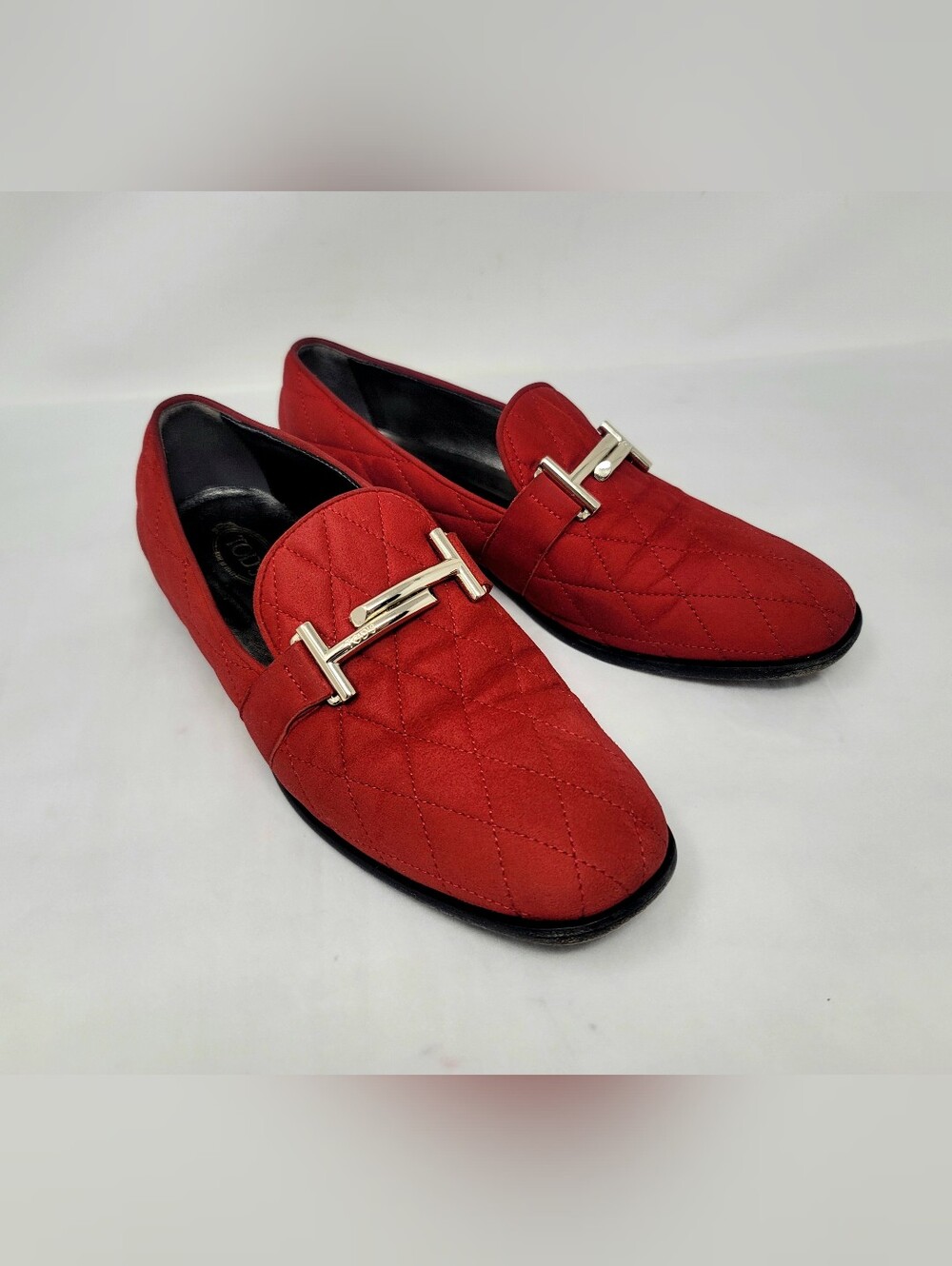 Tod's Womens Red Quilted Suede Leather Slip On Flats Loafers Shoes Italy 37 US 7